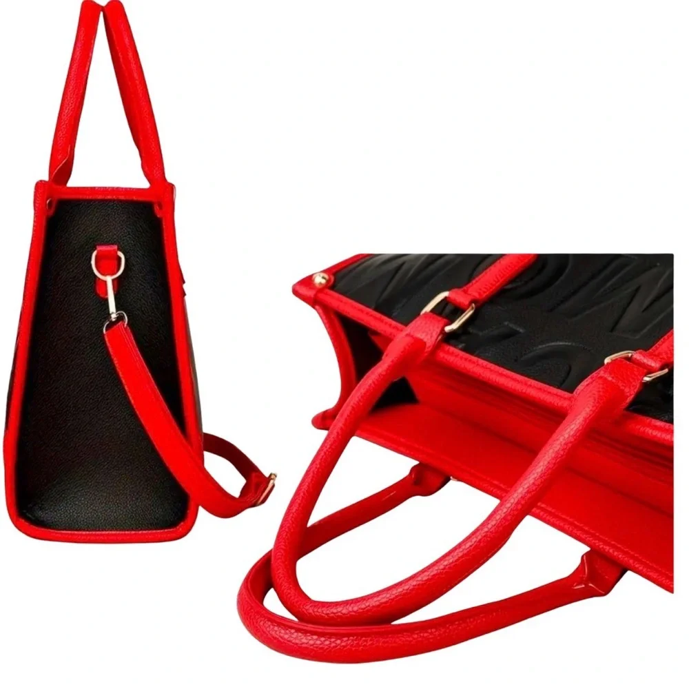 PURSE: Black/Red Geometric Embossed Lettering & Painted Edging Tote, NWOT